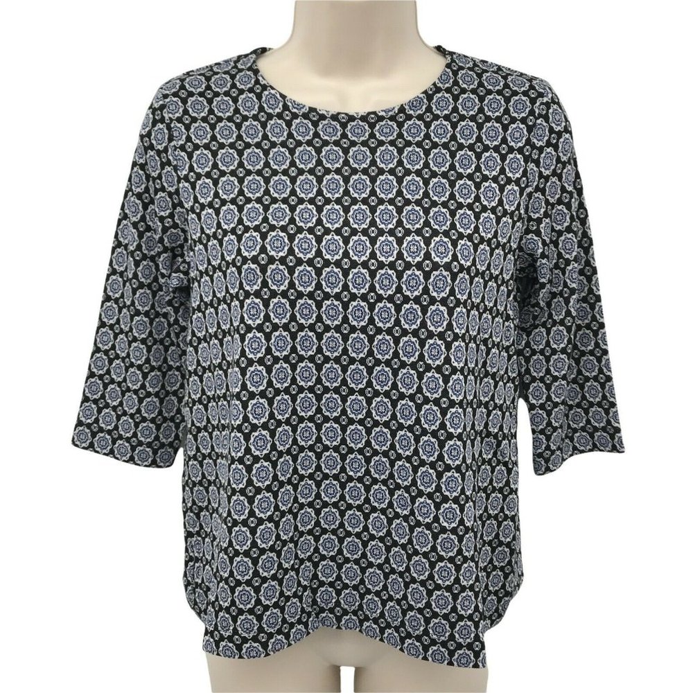 J. Jill Womens 3/4 Sleeves Crew Neck Pullover Black Printed Blouse Top Size XSP